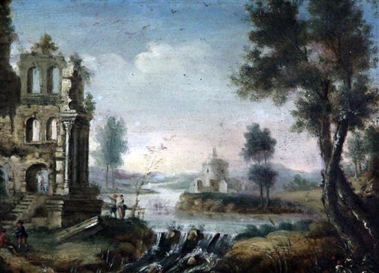 18th century Flemish School Landscape with figures beside classical ruins, 5 x 7in.